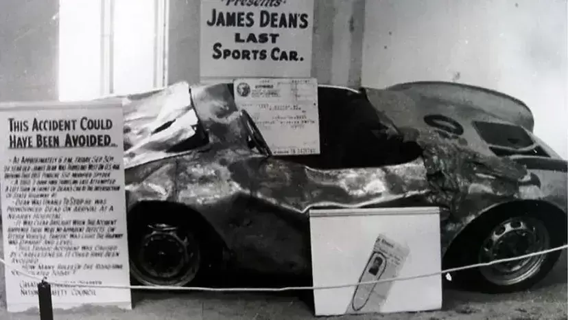 The wreckage of James Dean’s Porsche in a traffic safety display.