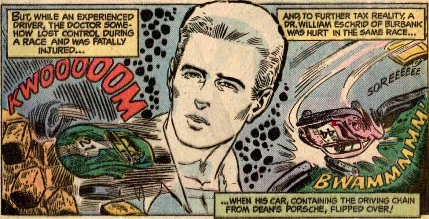 A panel from Ghosts #44 depicting the ghost of James Dean presiding over death.